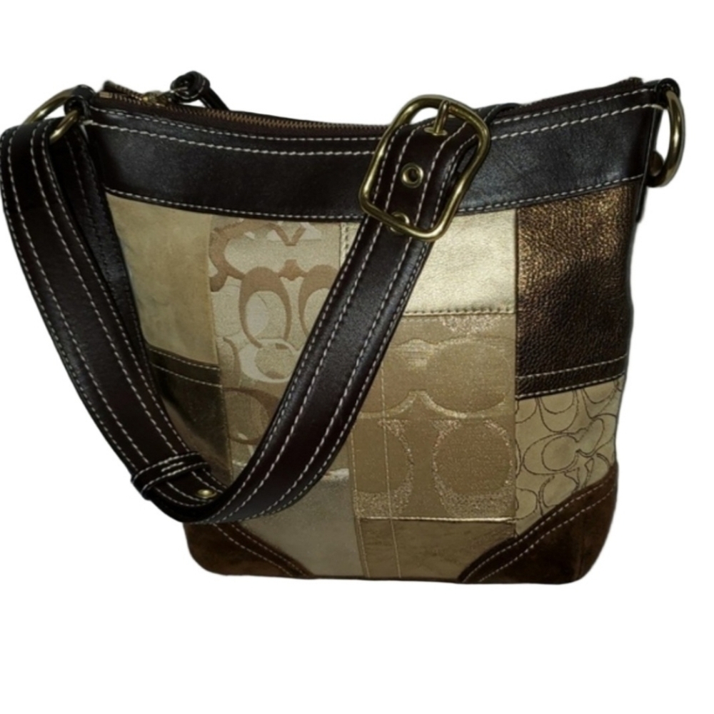 Coach Signature C Patchwork Gold Medium Shoulder Crossbody Bag - F10387